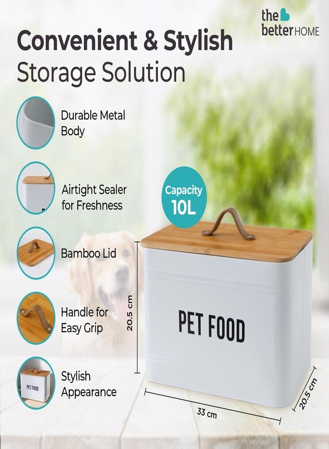 The Better Home صندوق تخزين طعام الكلاب من ذا بيتر هوم | معدن مجلفن | تخزين طعام الكلاب والقطط | لأصحاب الحيوانات الأليفة | غطاء من الخيزران | 10 لتر | أبيض - عبوة واحدة - Image 3